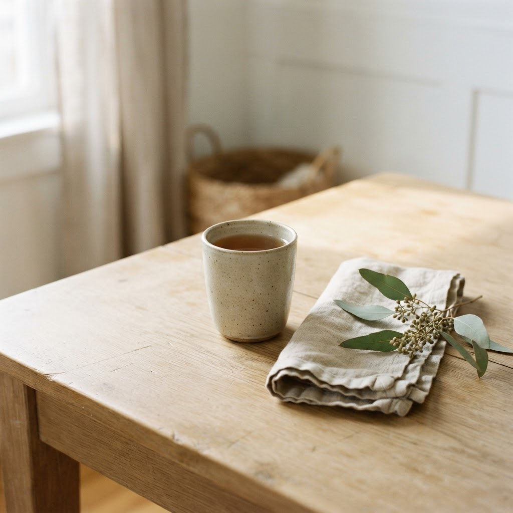 A quiet still life of a ceramic cup, linen napkin, and greenery