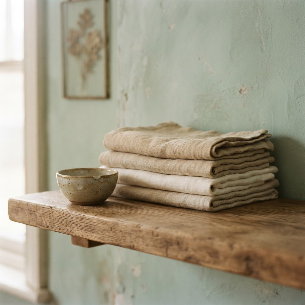 Folded linen and a ceramic bowl on a wooden shelf