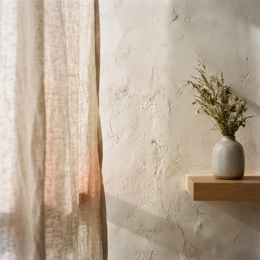 Sunlight falling across a plaster wall beside a linen curtain