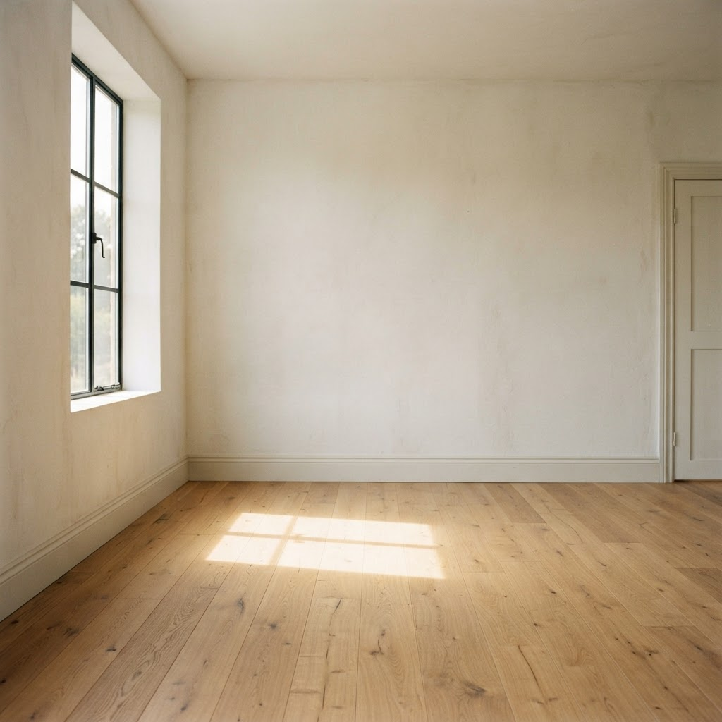 An empty sunlit room with bare oak floors