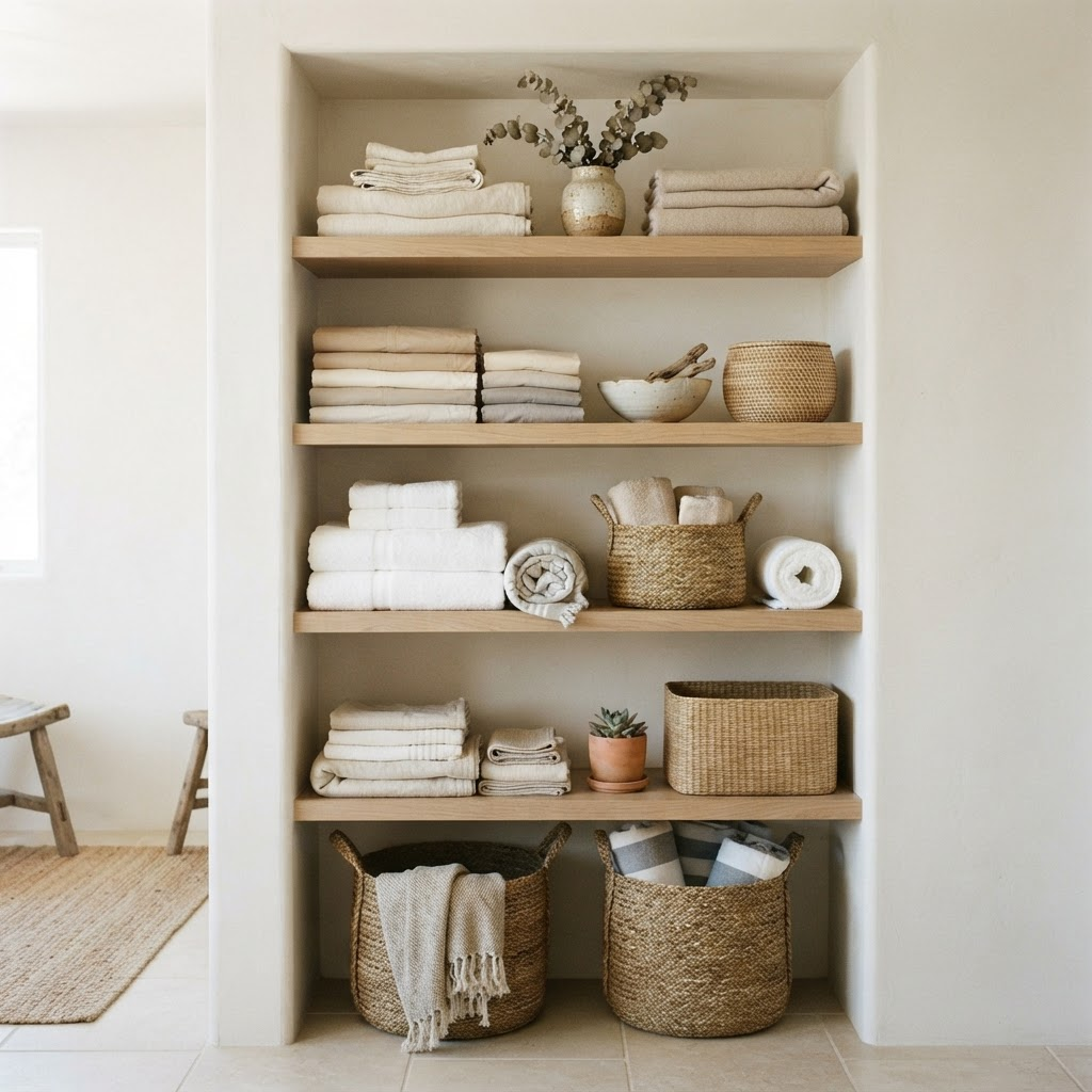 An open shelf neatly organized with folded textiles and ceramics
