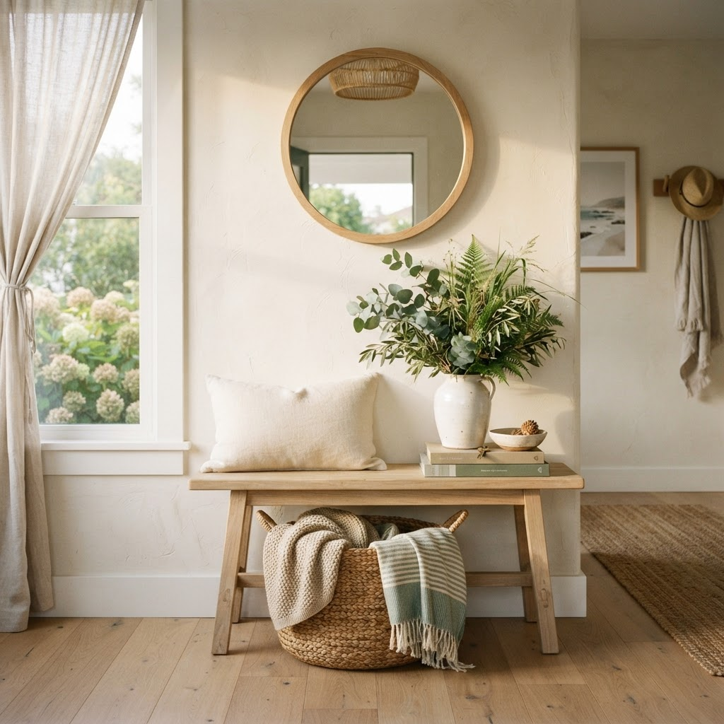 A welcoming prepared entryway with a bench and greenery